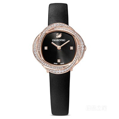 Crystal Flower 腕表, 真皮錶帶, 黑, 玫瑰金色潤飾