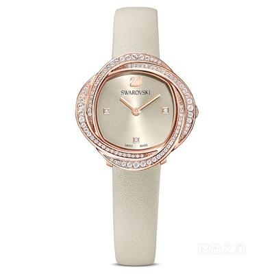 Crystal Flower 腕表, 真皮錶帶, 灰色, 玫瑰金色潤飾