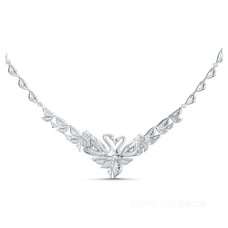 Dancing Swan 项链, 密鑲, 天鵝, 白色, 鍍白金色