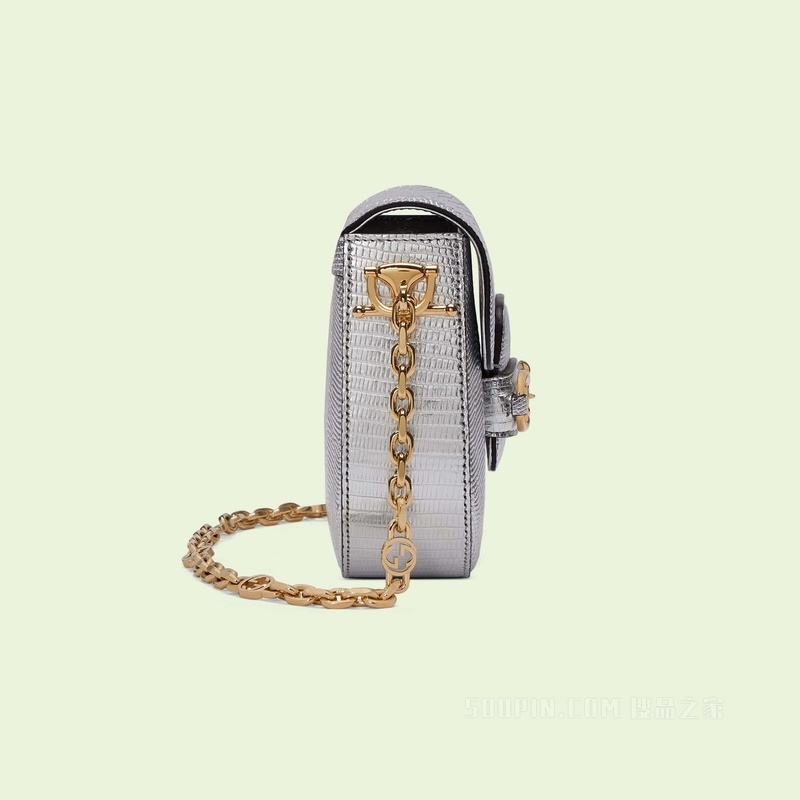 Gucci 马衔扣1955系列蜥蜴皮迷你手袋 银色蜥蜴皮