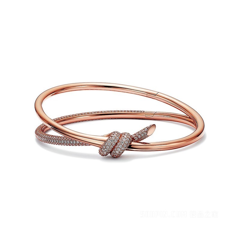 Tiffany Knot 系列 18K 玫瑰金镶钻双行铰链手镯