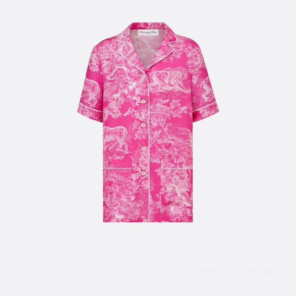 Dioriviera Dior Chez Moi 短袖衬衫 亮粉色桑蚕丝斜纹面料 Reverse 茹伊印花图案