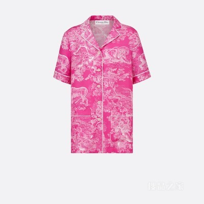 Dioriviera Dior Chez Moi 短袖衬衫 亮粉色桑蚕丝斜纹面料 Reverse 茹伊印花图案