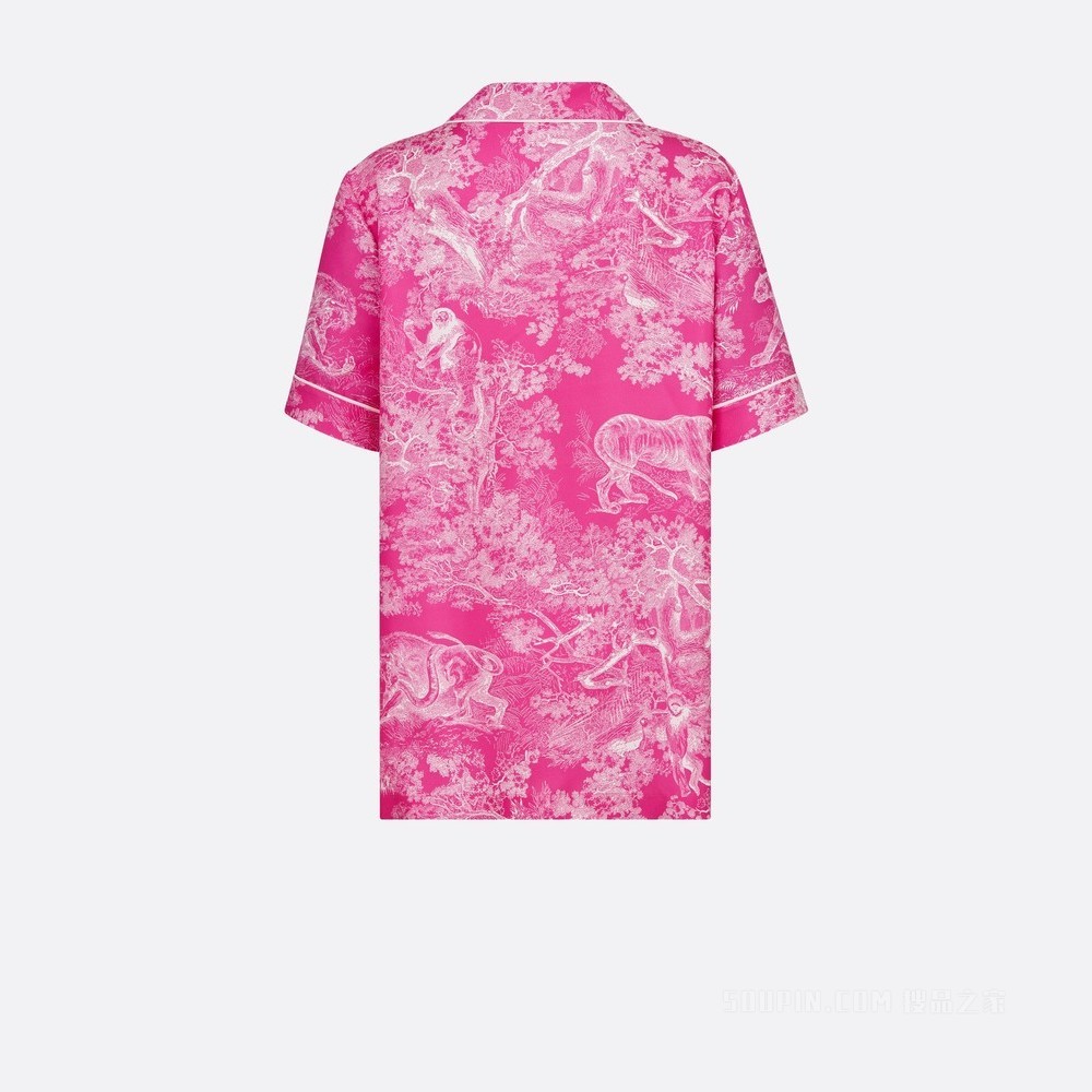 Dioriviera Dior Chez Moi 短袖衬衫 亮粉色桑蚕丝斜纹面料 Reverse 茹伊印花图案