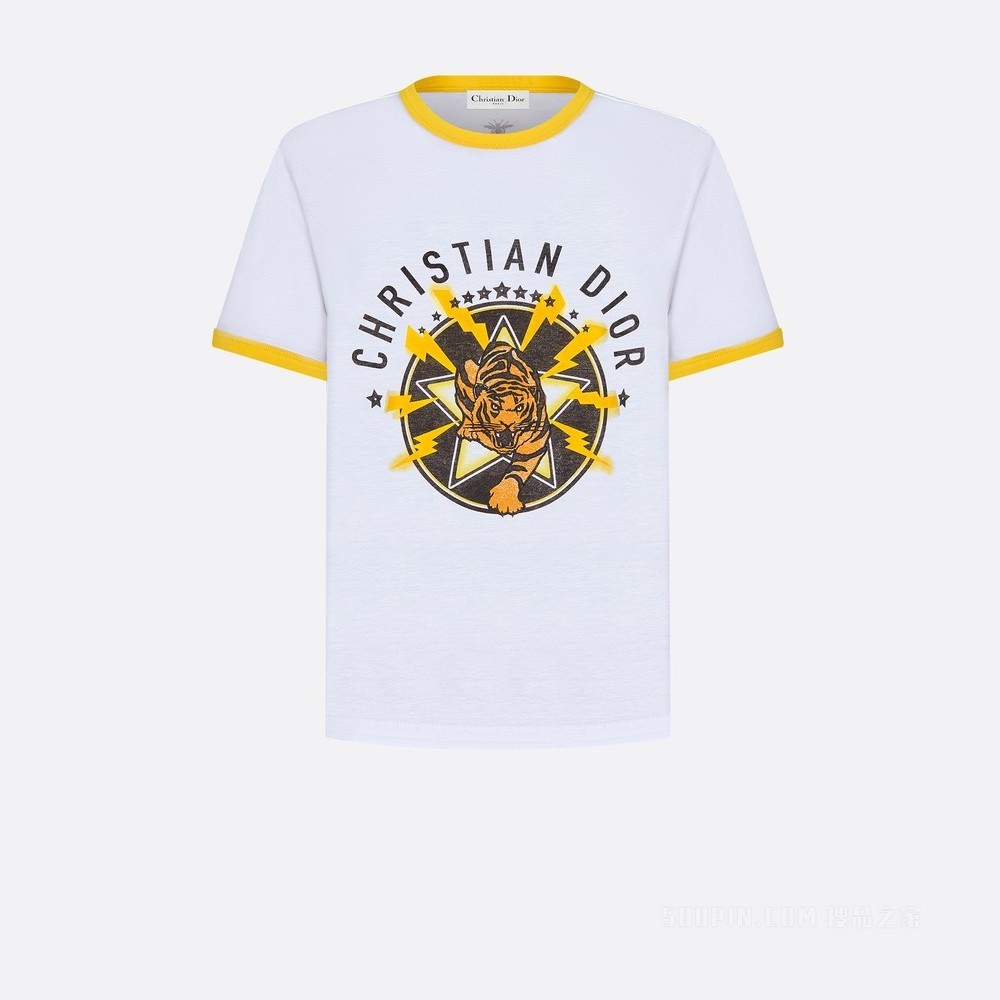 Dior Vibe T 恤 白色棉质平纹针织面料黄色老虎图案