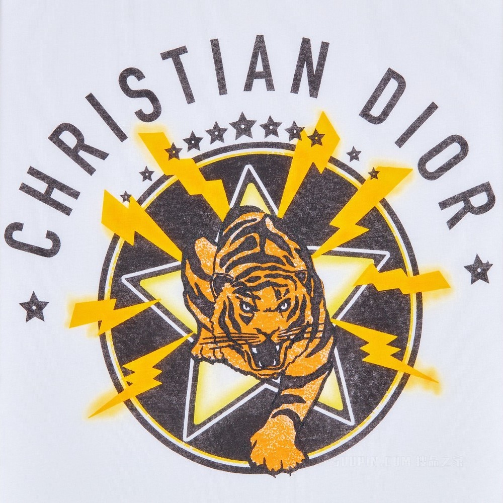 Dior Vibe T 恤 白色棉质平纹针织面料黄色老虎图案