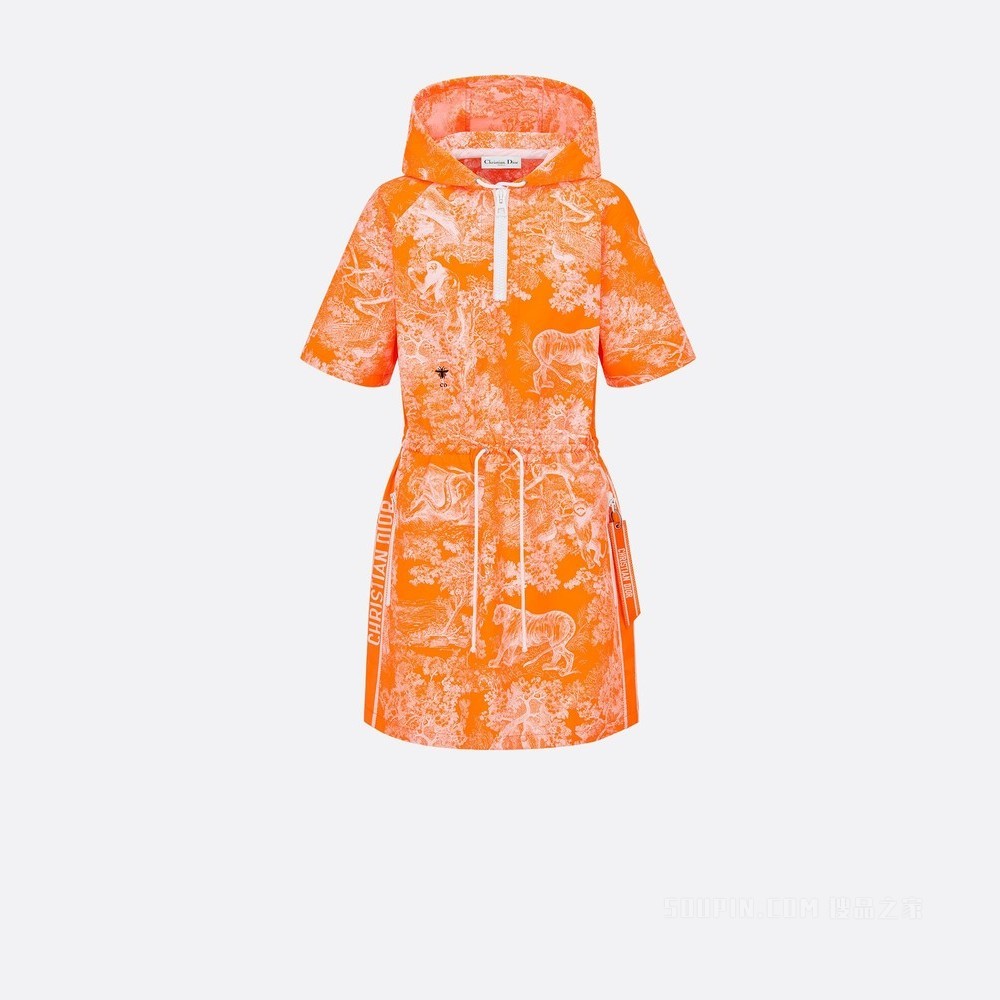 Dioriviera 连帽短款连衣裙 荧光橙色塔夫绸科技提花面料 Reverse 茹伊印花