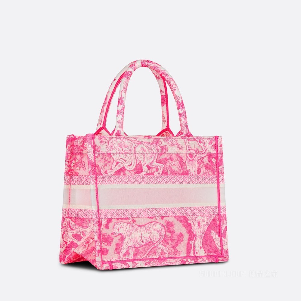 小号 Book Tote 手袋 透明效果帆布荧光粉色茹伊印花 (26.5 x 21 x 14 cm)