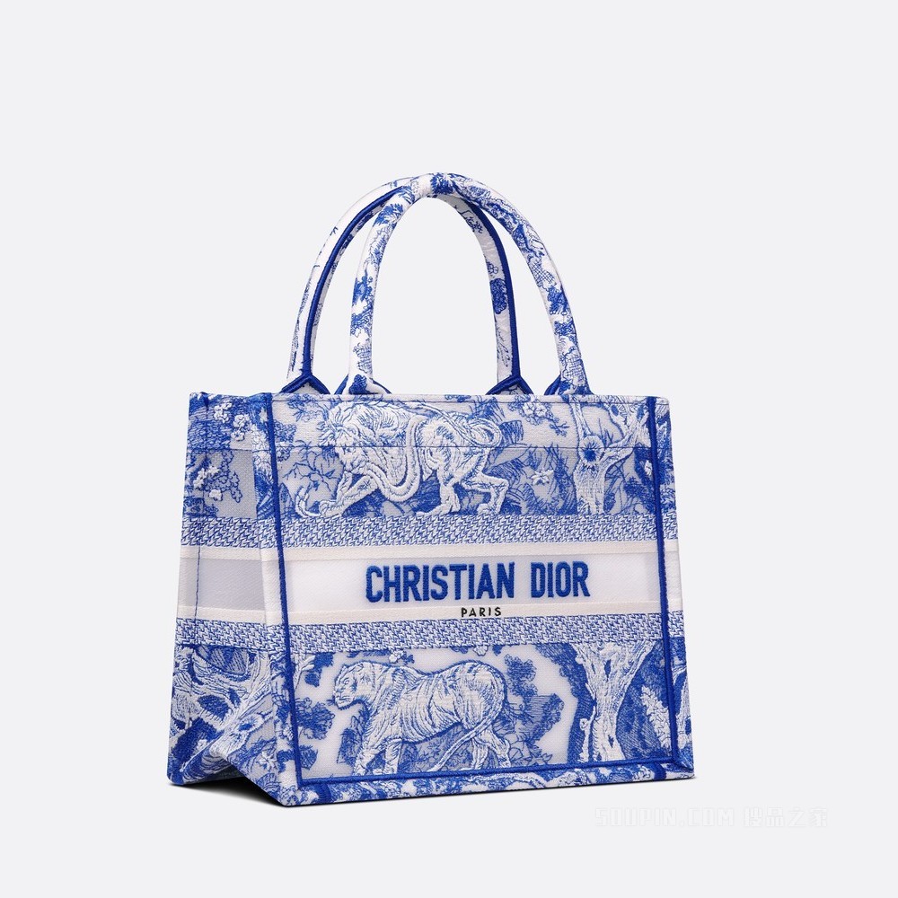 小号 Book Tote 手袋 透明效果帆布荧光蓝色茹伊印花 (26.5 x 21 x 14 cm)