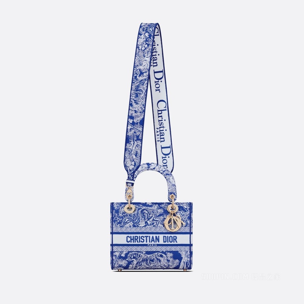 中号 Lady D-Lite 手袋 荧光蓝色 Reverse 茹伊印花刺绣