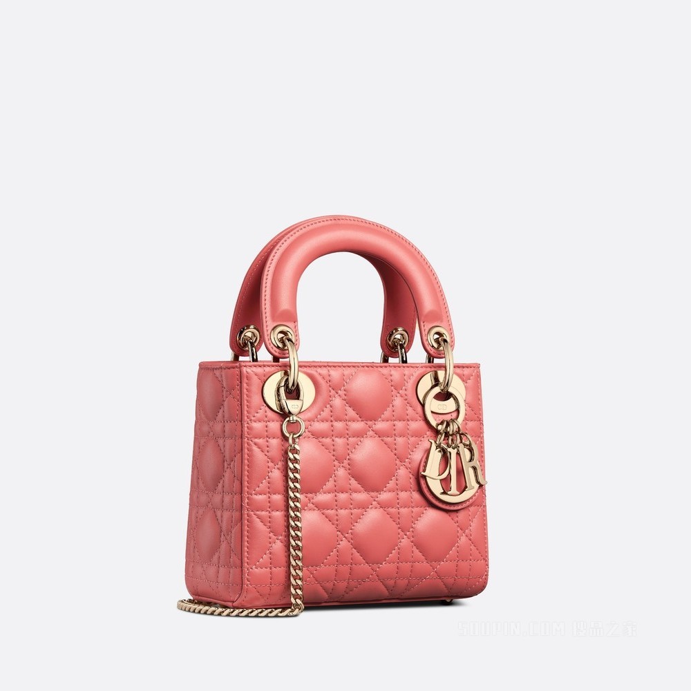 迷你 Lady Dior 手袋 灰调珊瑚粉色羊皮革藤格纹