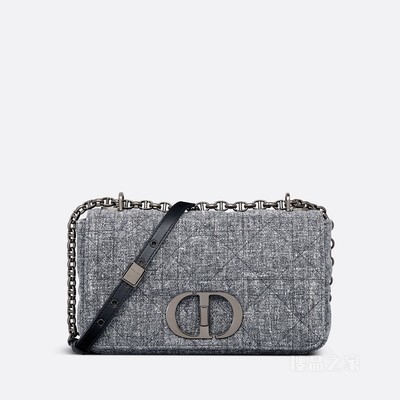 中号 Dior Caro 手袋 灰色亚麻超大藤格纹