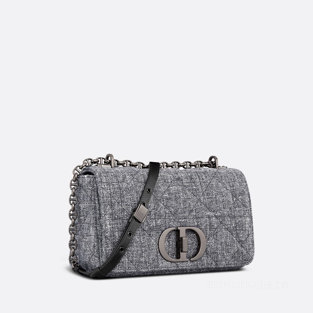 中号 Dior Caro 手袋 灰色亚麻超大藤格纹