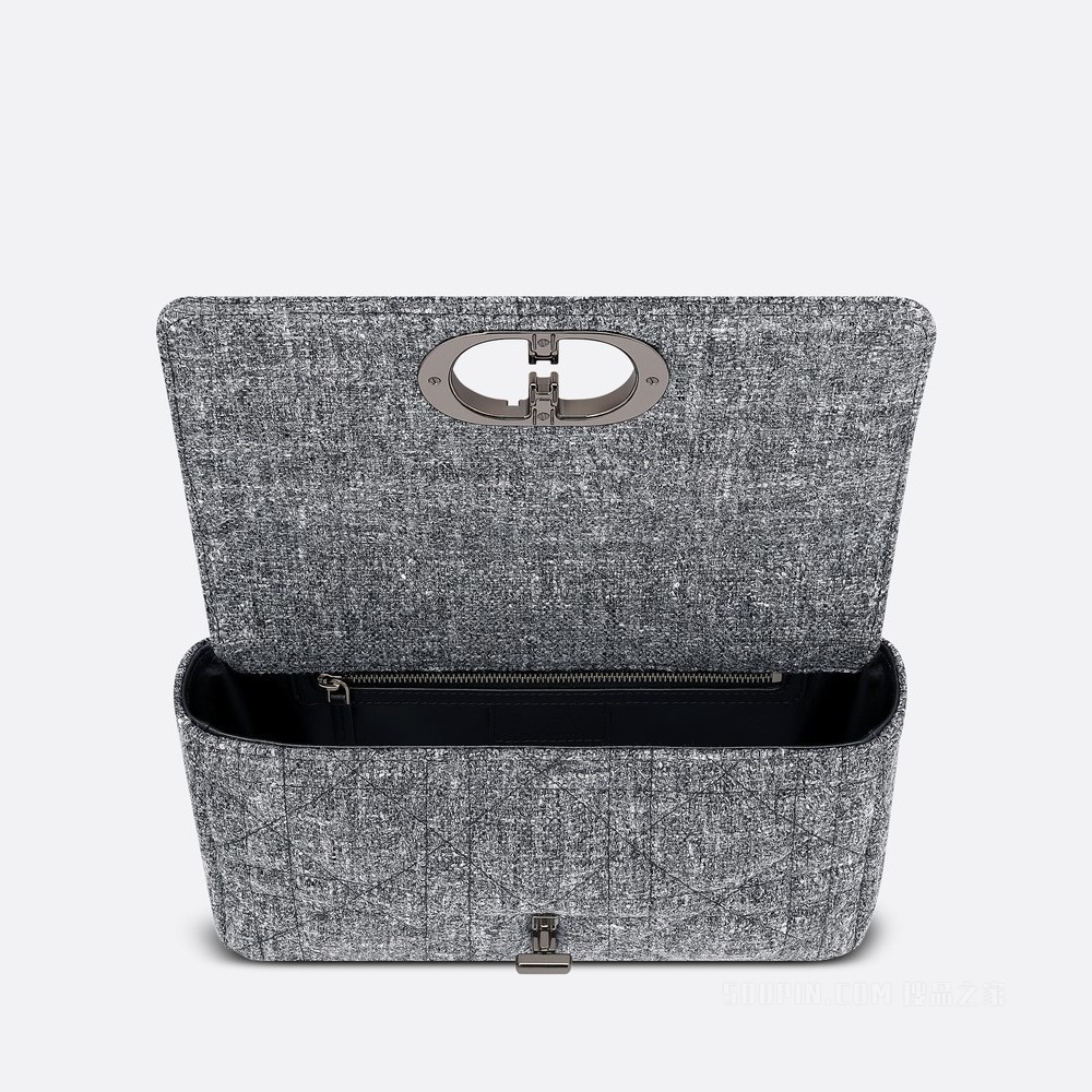 中号 Dior Caro 手袋 灰色亚麻超大藤格纹