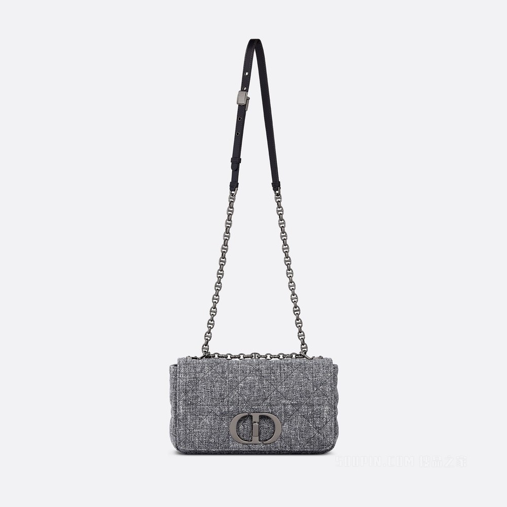 中号 Dior Caro 手袋 灰色亚麻超大藤格纹