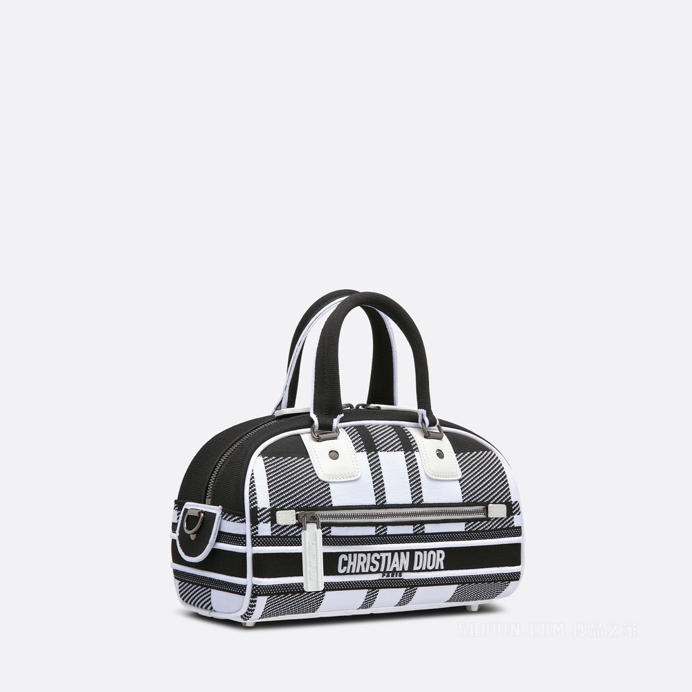 小号 Dior Vibe Bowling 拉链手袋 黑色和白色网眼织物 Check'n'Dior 图案