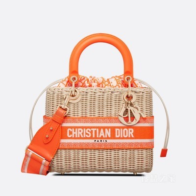 中号 Lady Dior 手袋 柳条和荧光橙色 Oblique 印花