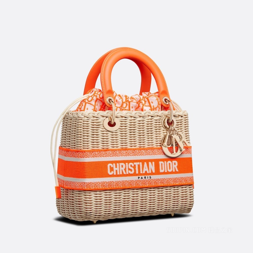 中号 Lady Dior 手袋 柳条和荧光橙色 Oblique 印花