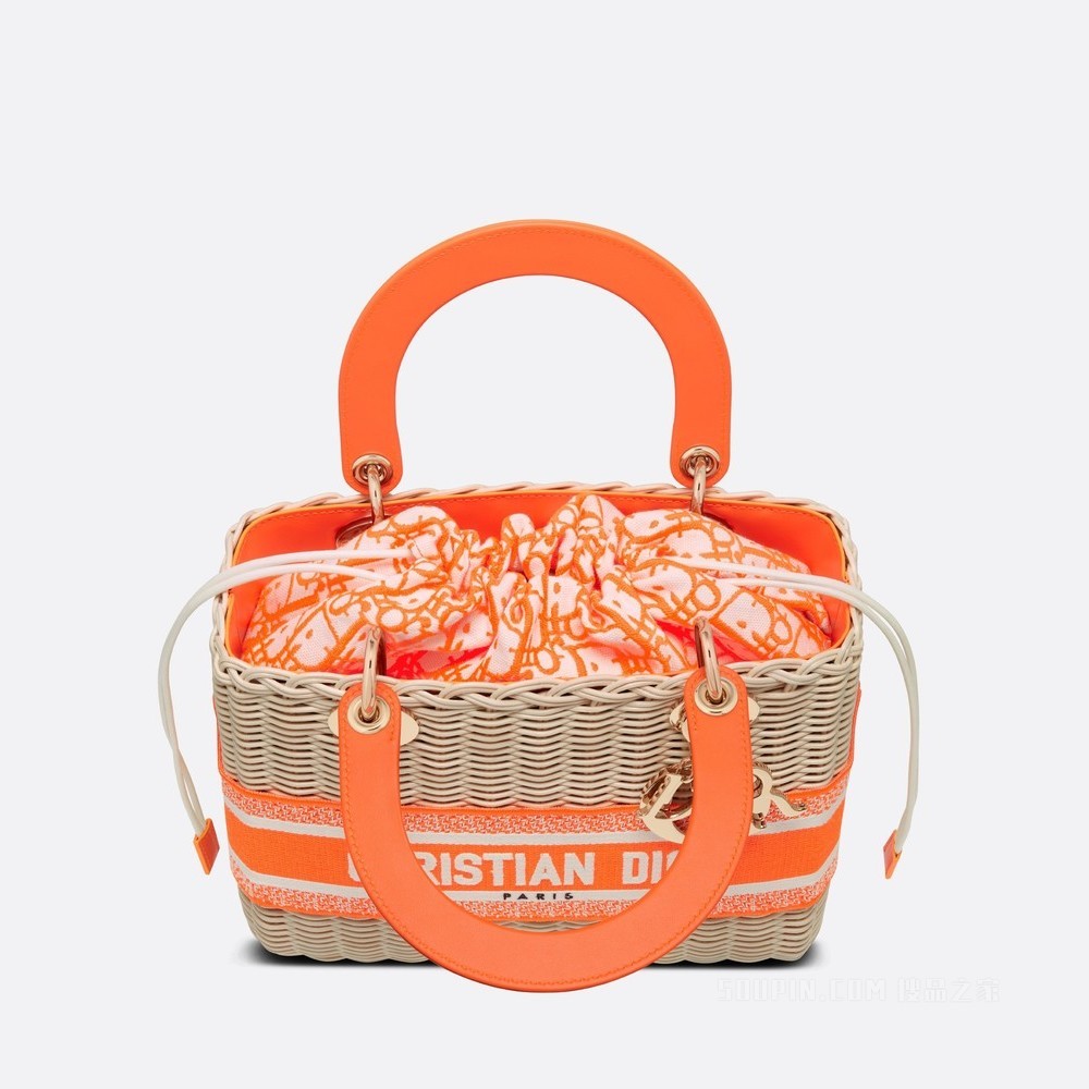 中号 Lady Dior 手袋 柳条和荧光橙色 Oblique 印花
