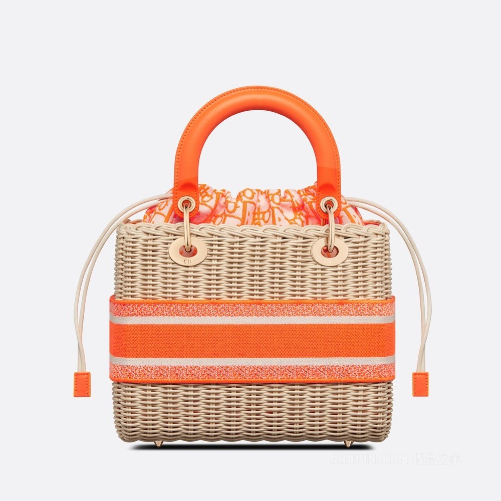中号 Lady Dior 手袋 柳条和荧光橙色 Oblique 印花