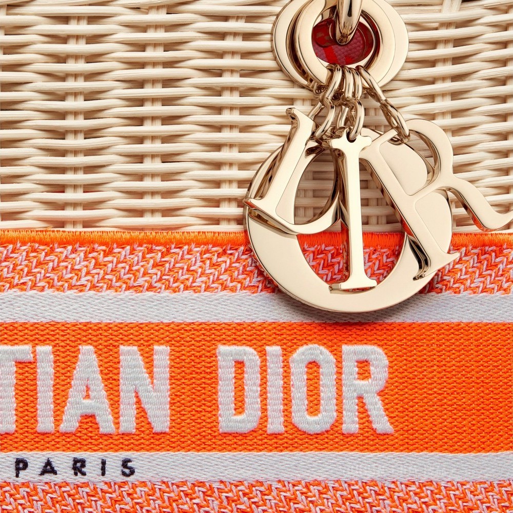 中号 Lady Dior 手袋 柳条和荧光橙色 Oblique 印花
