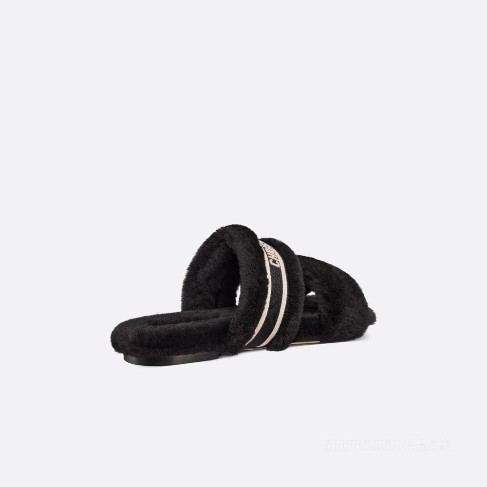 Dior Chez Moi 凉拖 白色棉质刺绣和黑色皮毛一体