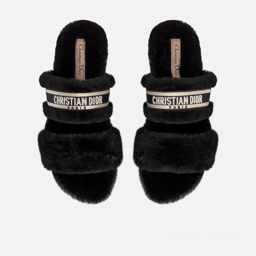 Dior Chez Moi 凉拖 白色棉质刺绣和黑色皮毛一体