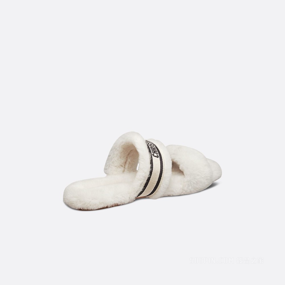 Dior Chez Moi 凉拖 黑色棉质刺绣和白色皮毛一体