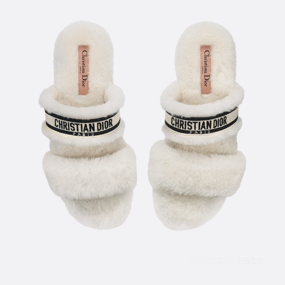 Dior Chez Moi 凉拖 黑色棉质刺绣和白色皮毛一体