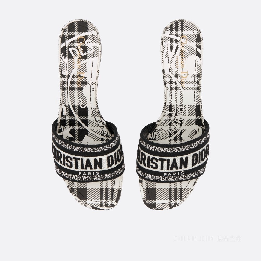 Dway 棉质带跟凉拖 黑色和白色棉质刺绣 Check'n'Dior 图案