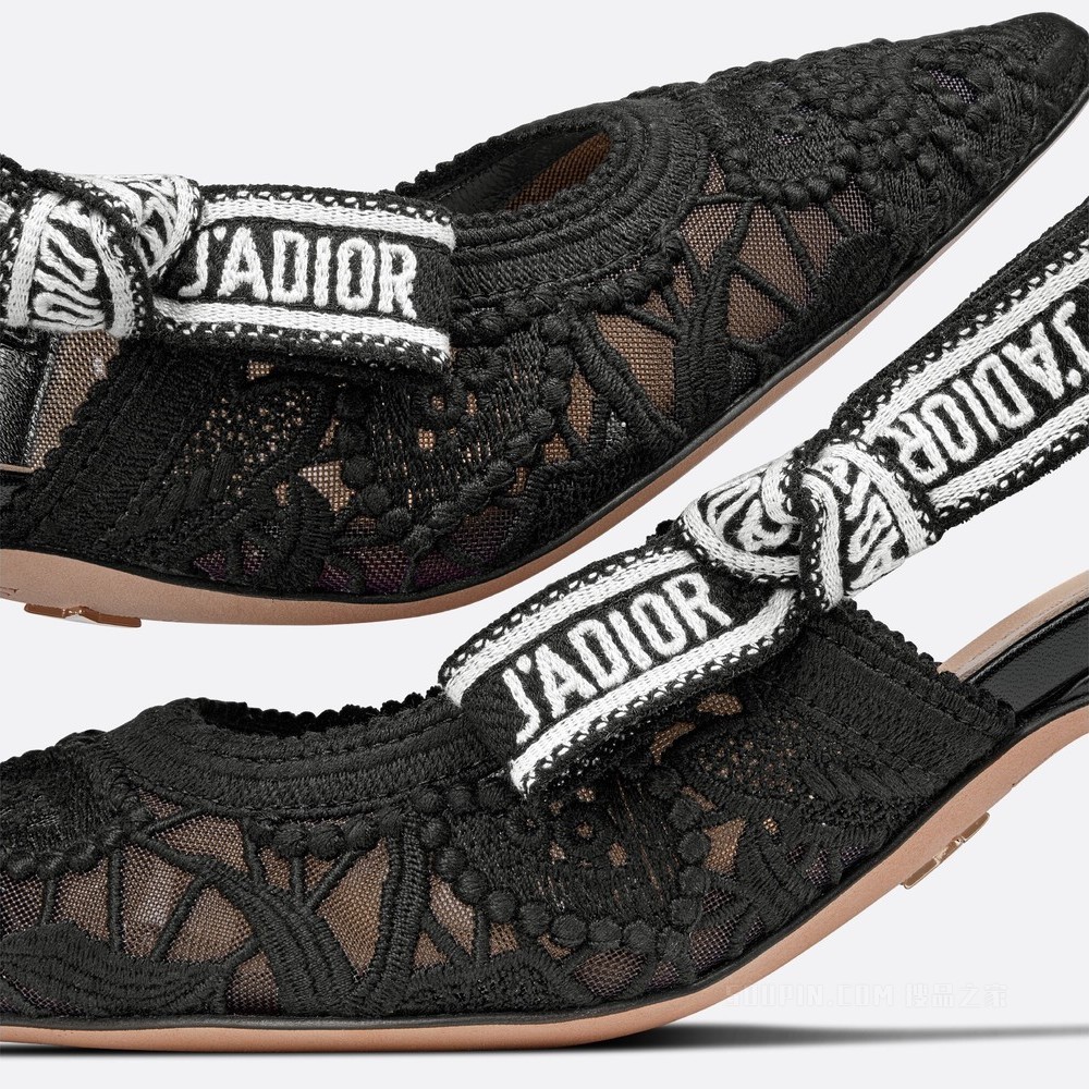 J'Adior 露跟高跟鞋 黑色棉质刺绣 Macramé 图案