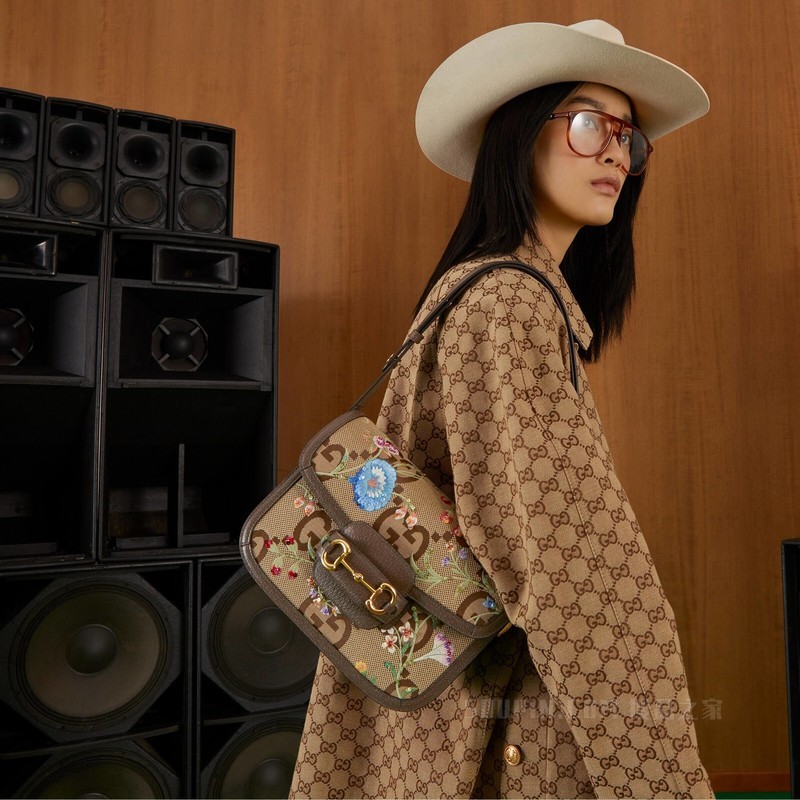 Gucci 马衔扣1955系列肩背包 驼色和乌木色帆布