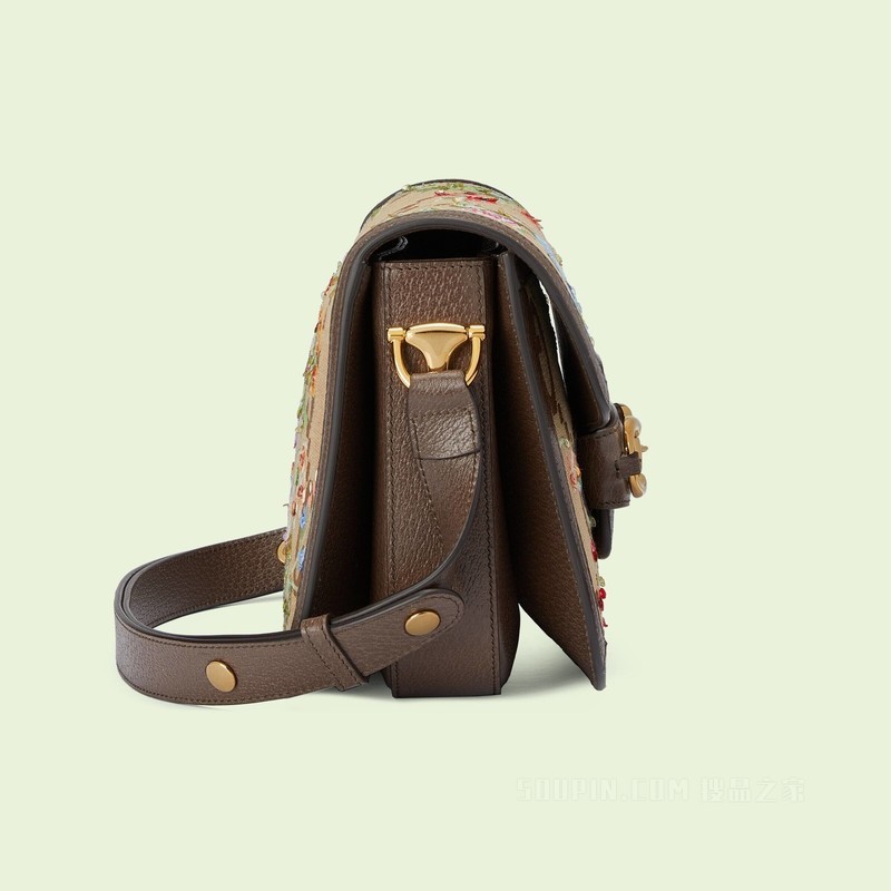 Gucci 马衔扣1955系列肩背包 驼色和乌木色帆布