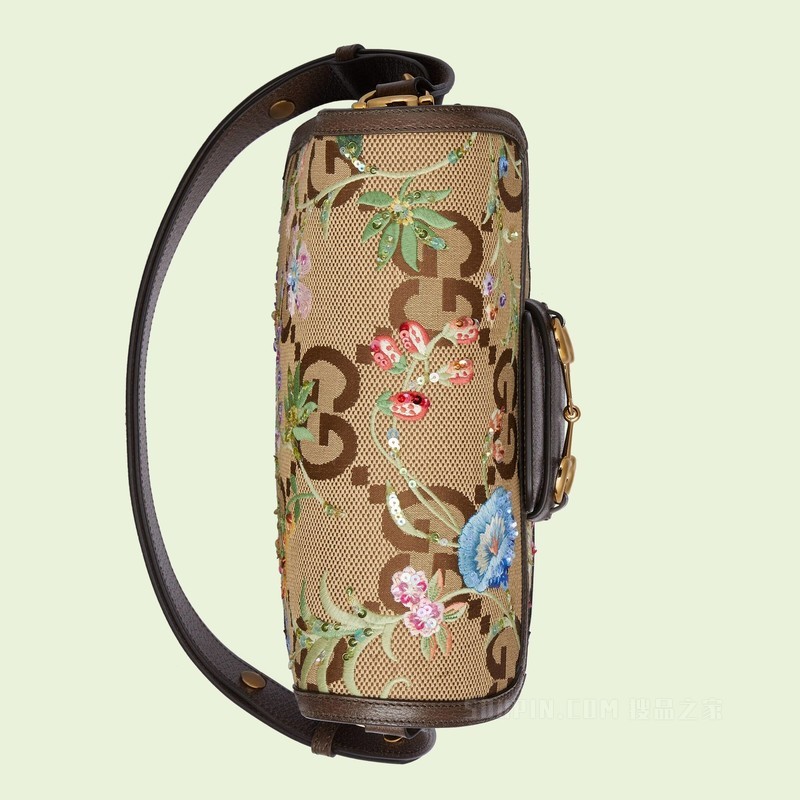 Gucci 马衔扣1955系列肩背包 驼色和乌木色帆布