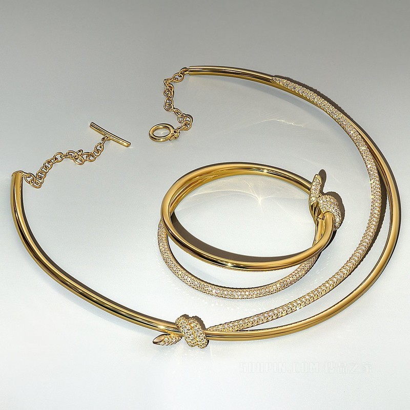 Tiffany Knot 系列 18K 黄金镶钻双行铰链手镯