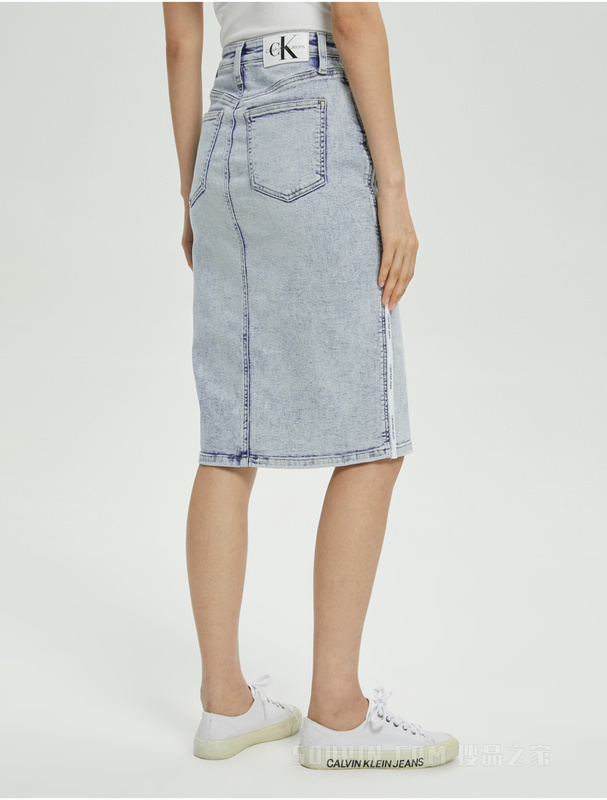 Calvin Klein 22春夏新品女士时尚LOGO织带开叉包臀牛仔半身裙J218473