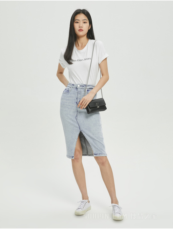 Calvin Klein 22春夏新品女士时尚LOGO织带开叉包臀牛仔半身裙J218473