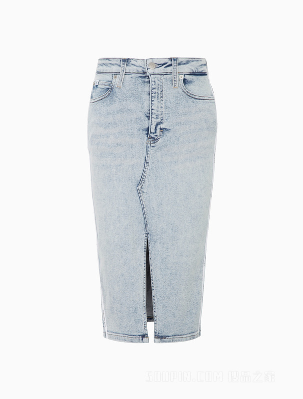 Calvin Klein 22春夏新品女士时尚LOGO织带开叉包臀牛仔半身裙J218473