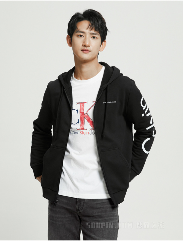 Calvin Klein 22春夏新品男士连帽拉链开衫LOGO印花加绒卫衣40DC414