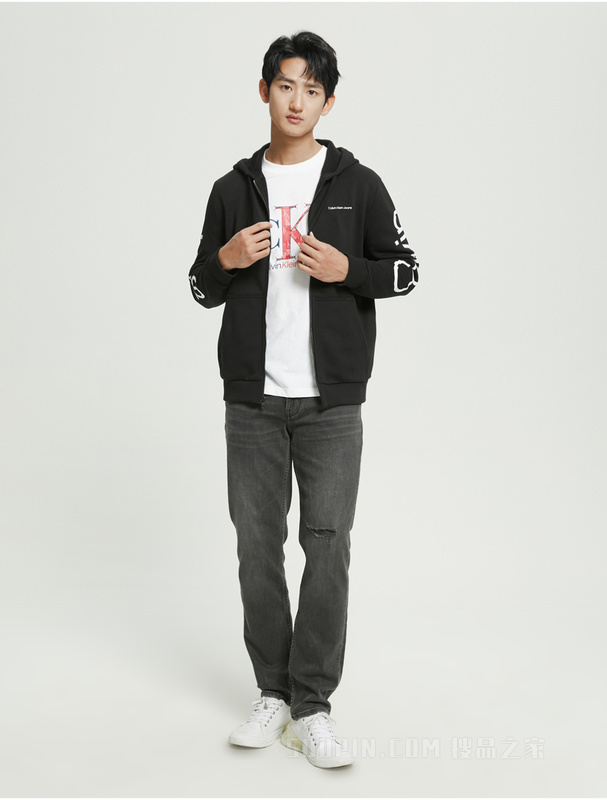 Calvin Klein 22春夏新品男士连帽拉链开衫LOGO印花加绒卫衣40DC414