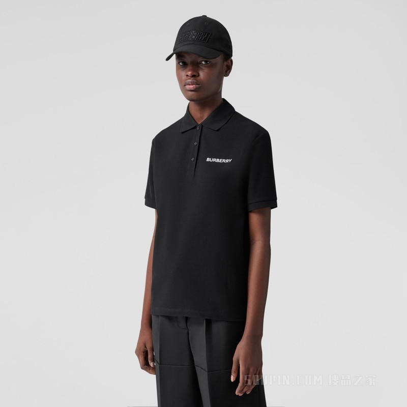 专属标识装饰珠地网眼布棉质 Polo 衫 (黑色) - 女士