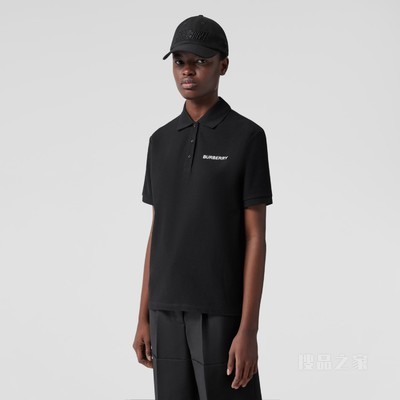 专属标识装饰珠地网眼布棉质 Polo 衫 (黑色) - 女士