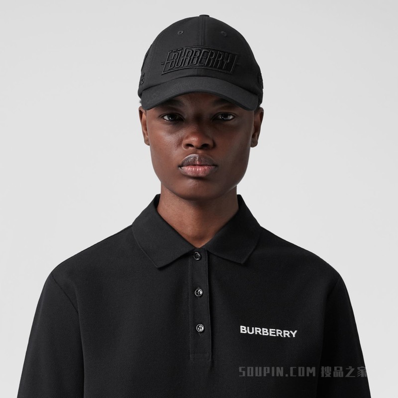 专属标识装饰珠地网眼布棉质 Polo 衫 (黑色) - 女士