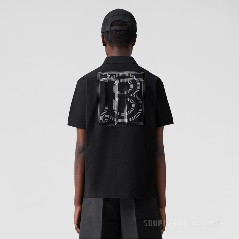 专属标识装饰珠地网眼布棉质 Polo 衫 (黑色) - 女士