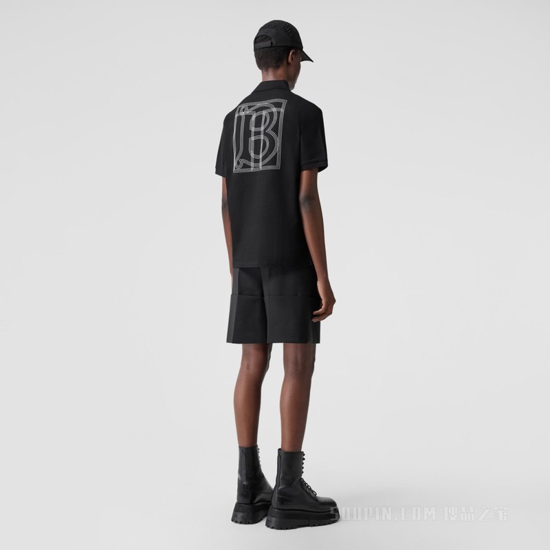 专属标识装饰珠地网眼布棉质 Polo 衫 (黑色) - 女士