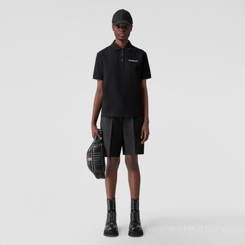 专属标识装饰珠地网眼布棉质 Polo 衫 (黑色) - 女士