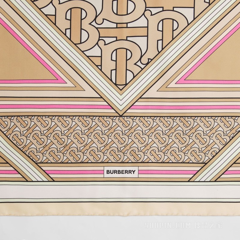 蒙太奇印花丝质方巾 (米色 / 淡粉色)