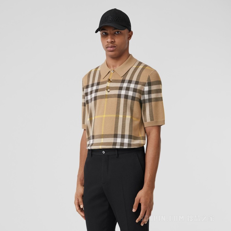 格纹丝毛混纺提花 Polo 衫 (松露色) - 男士