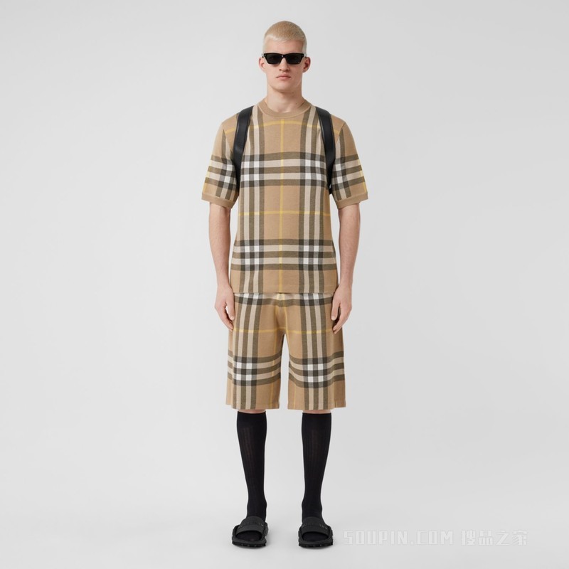 格纹提花丝毛混纺短袖上衣 (松露色) - 男士