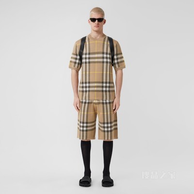 格纹提花丝毛混纺短袖上衣 (松露色) - 男士